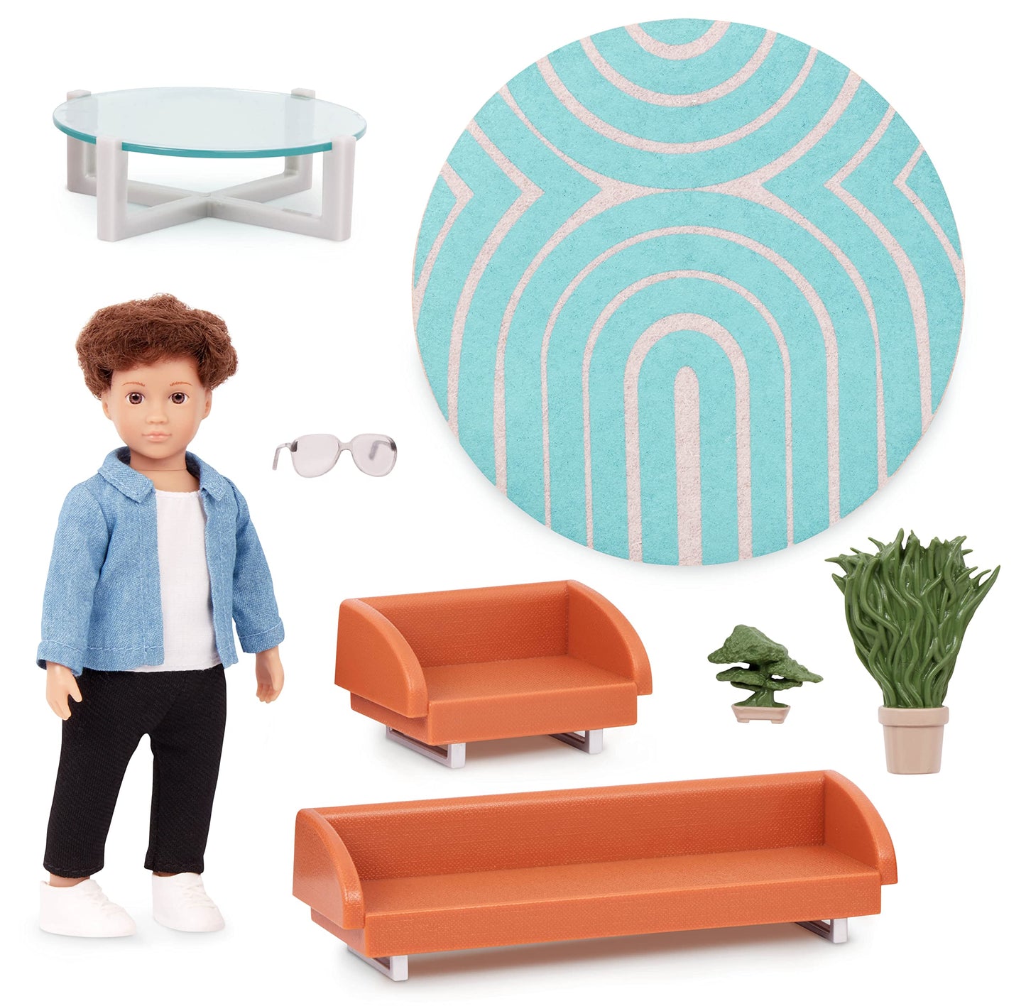 Lori - Mini Boy Doll & Toy Living Room Furniture - 6-Inch Boy Doll & Dollhouse Accessories - Sofa, Armchair, Coffee Table, Rug, Plants - Play Set