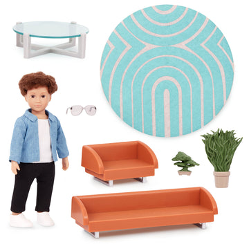 Lori - Mini Boy Doll & Toy Living Room Furniture - 6-Inch Boy Doll & Dollhouse Accessories - Sofa, Armchair, Coffee Table, Rug, Plants - Play Set