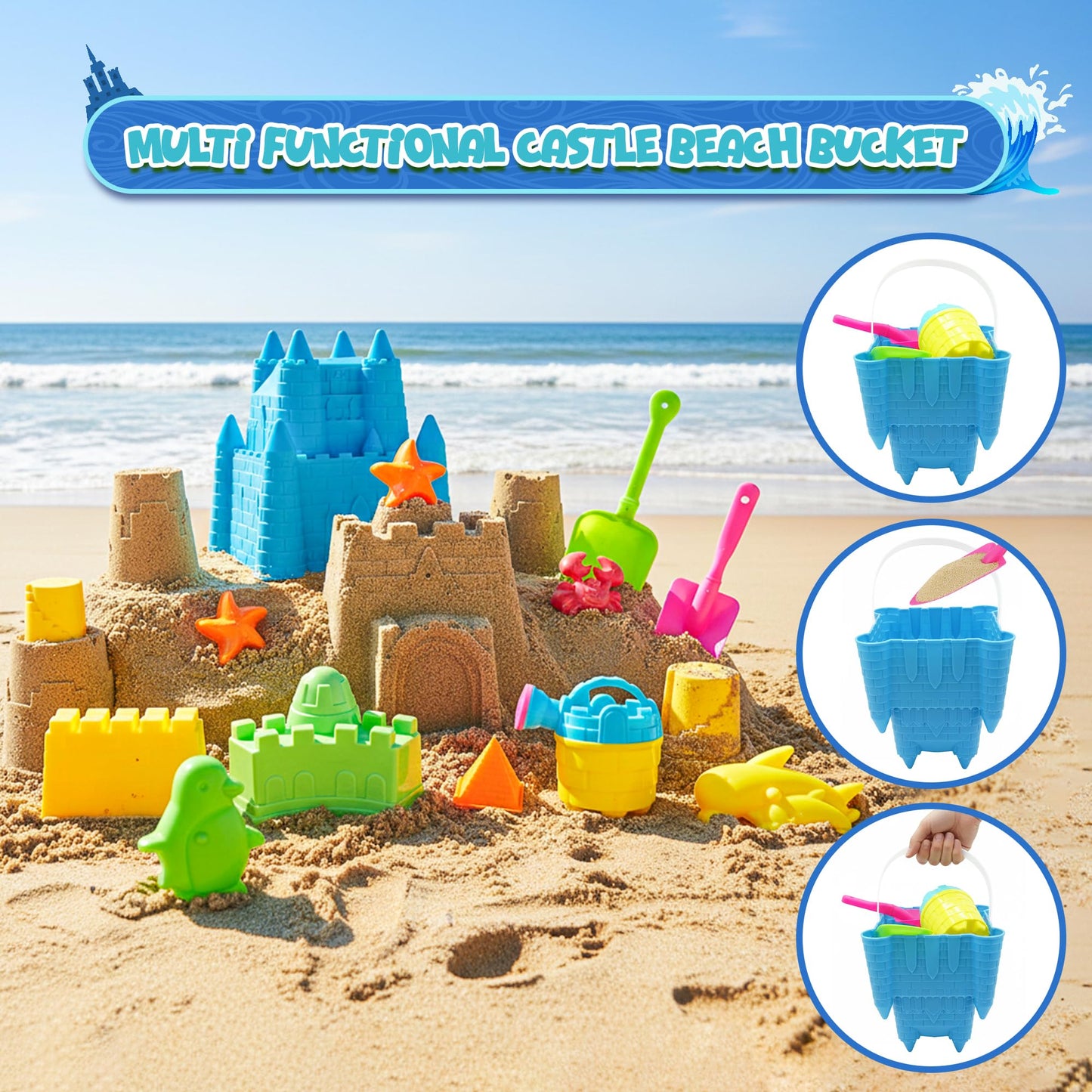 4E's Novelty Beach Toys for Kids with Bag (17 Pcs Set) Castle Beach Bucket with Shovels & Molds Kit - Sand Toys Set for Toddlers with Mesh Beach Bag