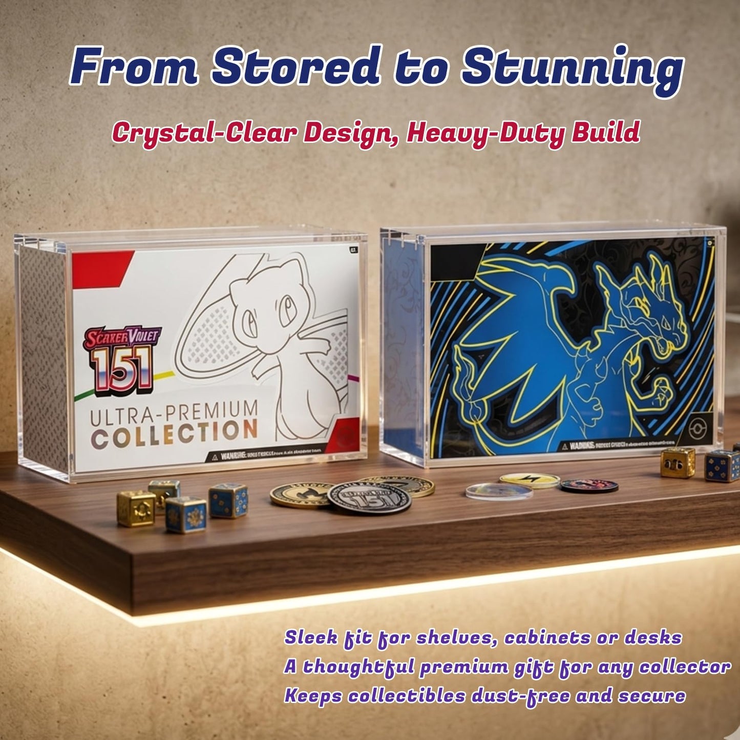 PKMN UPC Acrylic Case Protector - 8mm + 5mm Ultra Thick Clear Acrylic Display Case with Magnetic Lid, Collector Display Box Compatible with Mega