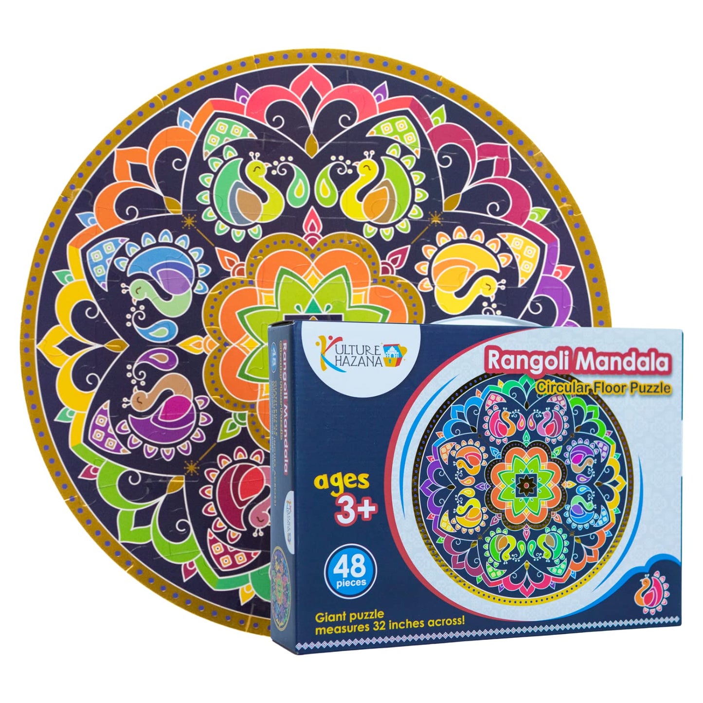 Kulture Khazana Rangoli Mandala Floor Puzzle - 48 Piece Puzzle 32 inches, Colorful Giant Floor Puzzle, Indian Art, Montessori Puzzle, Holi, Festival