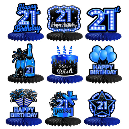 Happy 21st Birthday Honeycomb Centerpieces 9Pcs Stylish Sophisticated Blue Neon Theme Table Decor for Boys Girls Birthday Party Celebration Favors