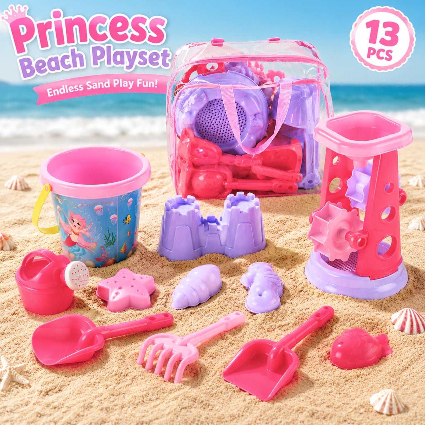 13-Piece Pink Princess Beach Sand Toy Set for Girls - Sand Playset with Sand Wheel, Mermaid Bucket, Water Pot, Shovels, Rakes, Molds & Zippered