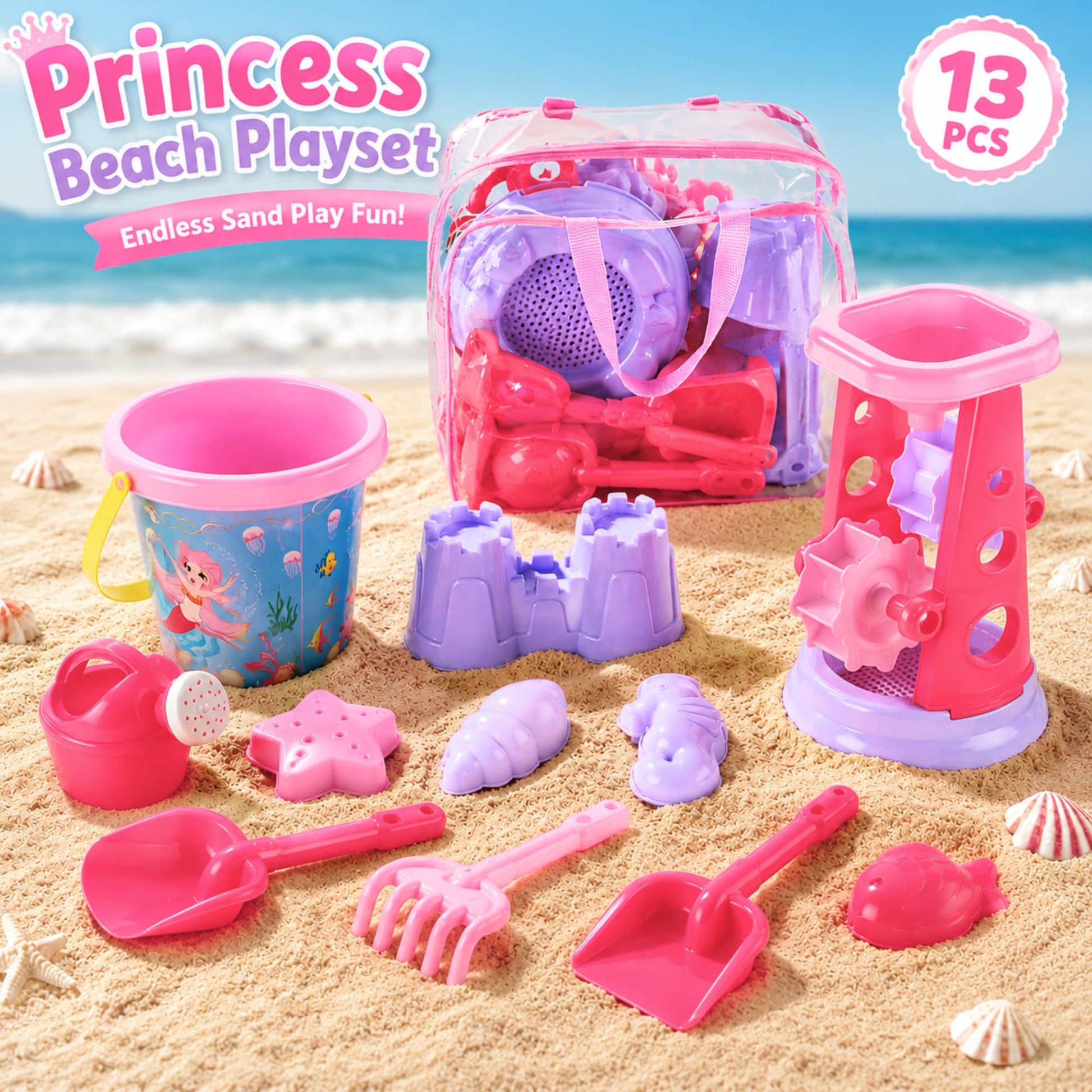 13-Piece Pink Princess Beach Sand Toy Set for Girls - Sand Playset with Sand Wheel, Mermaid Bucket, Water Pot, Shovels, Rakes, Molds & Zippered