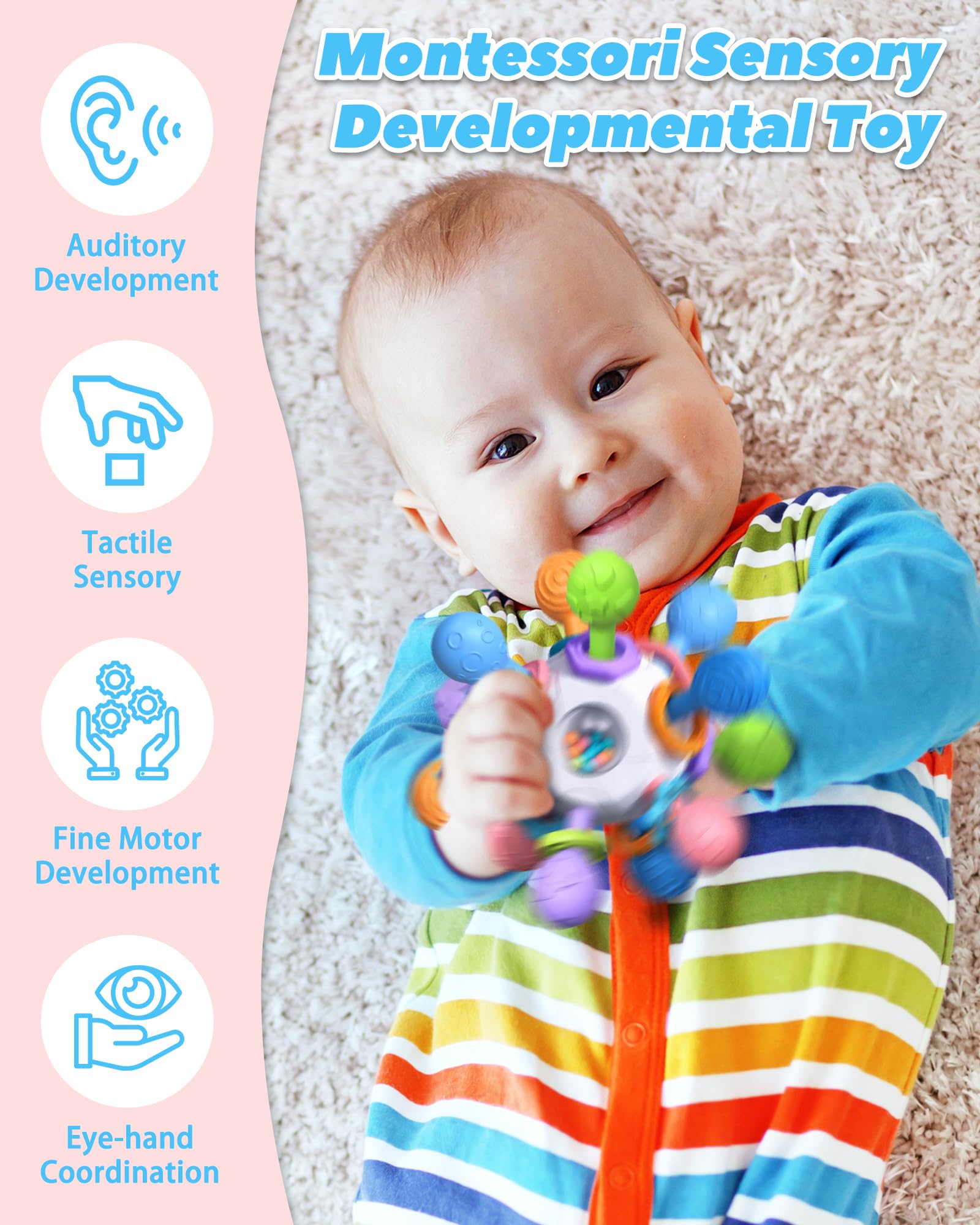 Baby Teething Toys for 0-6 6-12 Months Ages 0-2, Tummy Time Montessori Toys for Babies 0 3 6 9 12 18 Months, Newborn Infant Sensory Toys, Baby Gifts