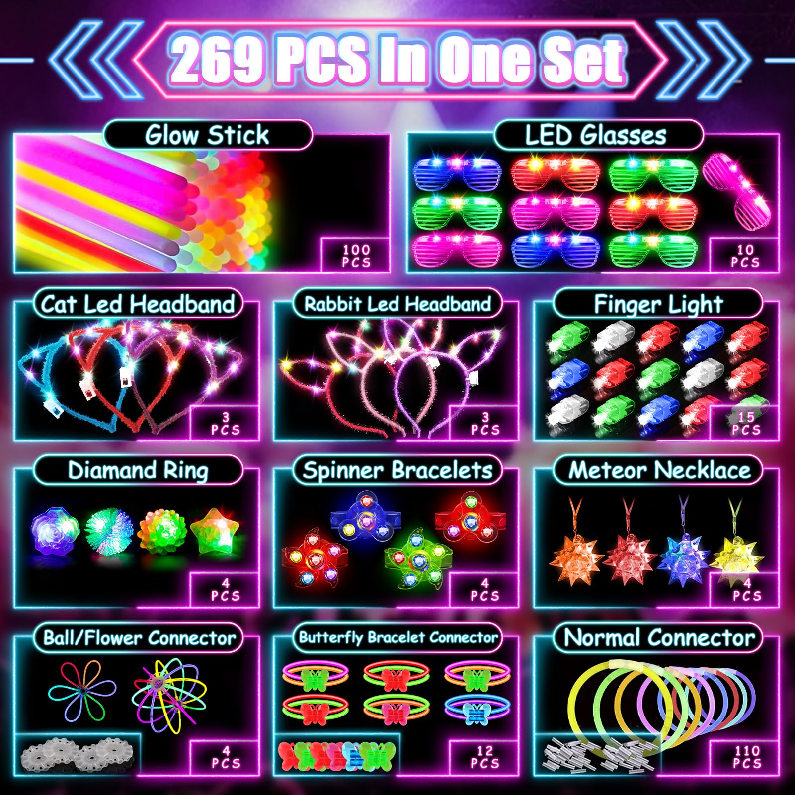 MIBOTE 269Pcs Led Light Up Toys Party Favors Glow in the Dark Party Supplies for Kid/Adults with Light Up Glasses,Headband,Rings,Bracelets,100 Glow