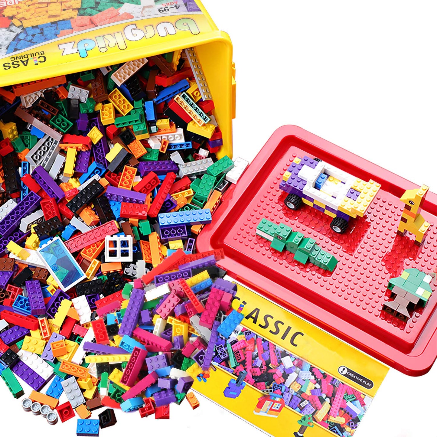 burgkidz Building Blocks Set with Storage Box and Lid Baseplate: 568 Pieces Classic Bricks Compatible with Major Brands, Wheels Doors Windows, STEM