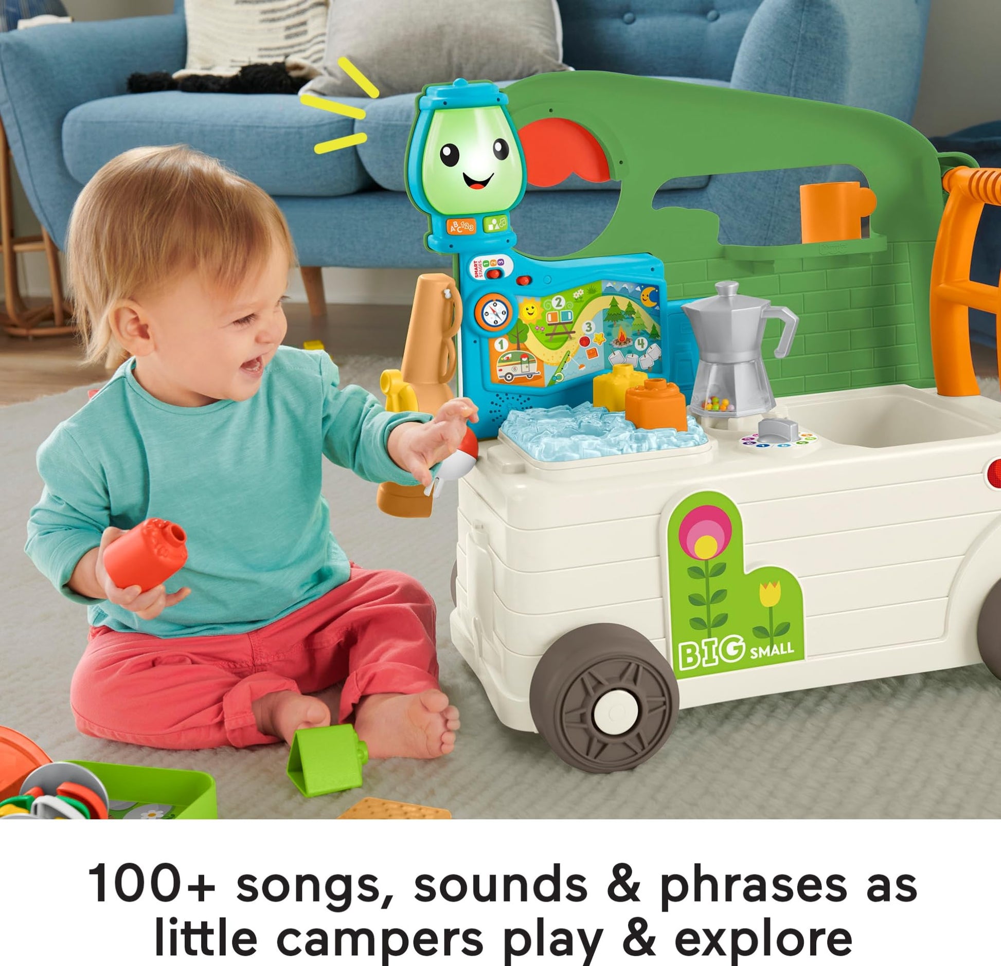 Fisher-Price Baby to Toddler Toy Laugh & Learn 3-in-1 On-the-Go Camper Walker & Activity Center with Smart Stages for Ages 9+ Months, Tan/Green