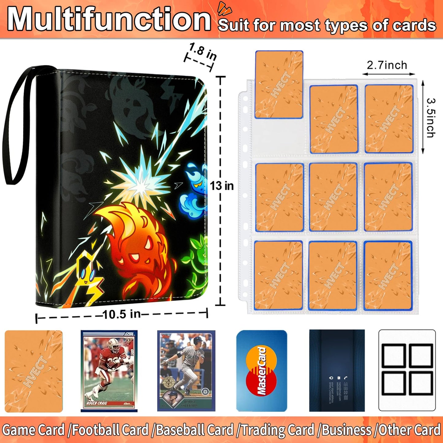 Trading Card Binder, 9 Pockets Card Binder with 50 Removable Sleeves, Card Holder Compatible with TCG Trading Cards, Zipper Card Storage Ablum for
