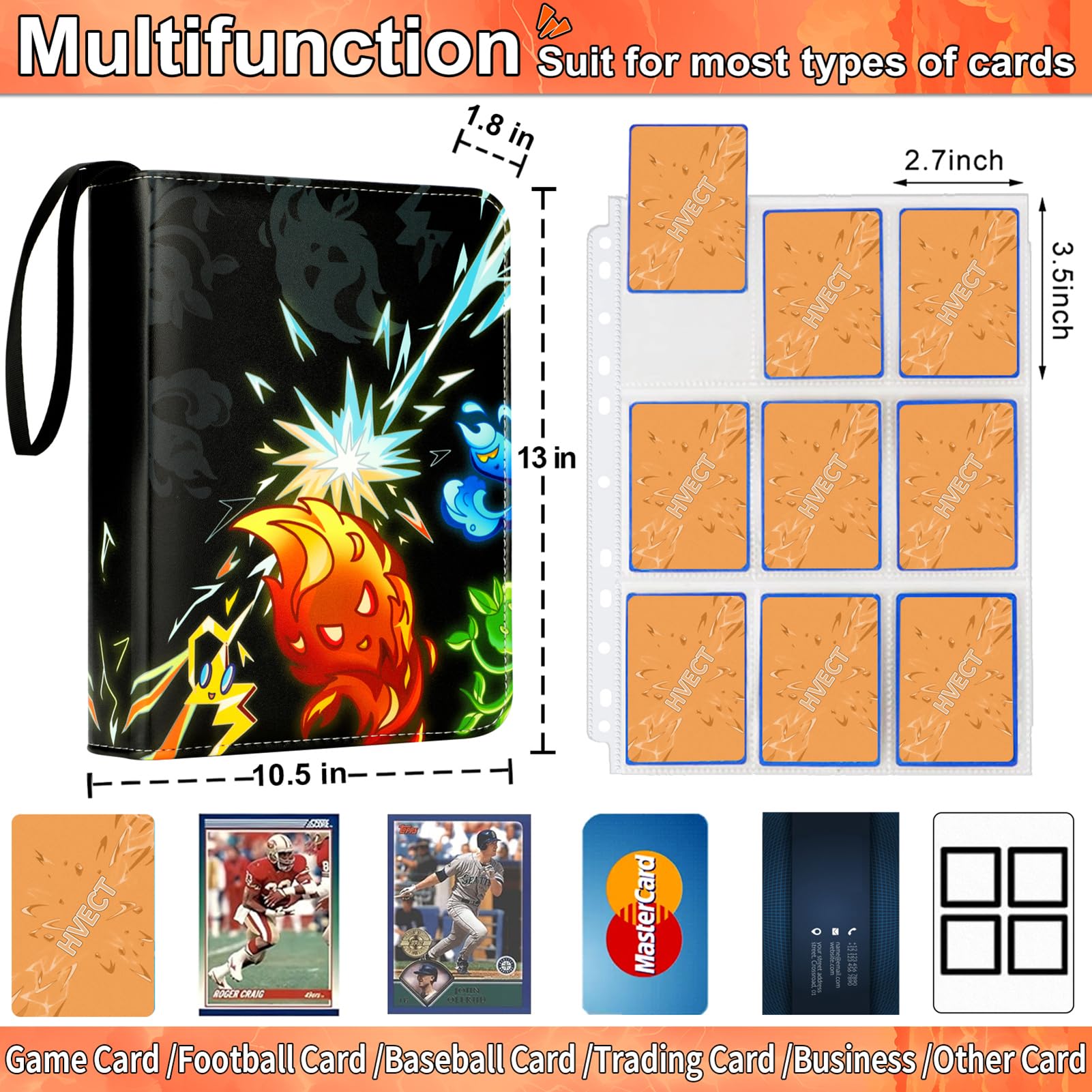 Trading Card Binder, 9 Pockets Card Binder with 50 Removable Sleeves, Card Holder Compatible with TCG Trading Cards, Zipper Card Storage Ablum for