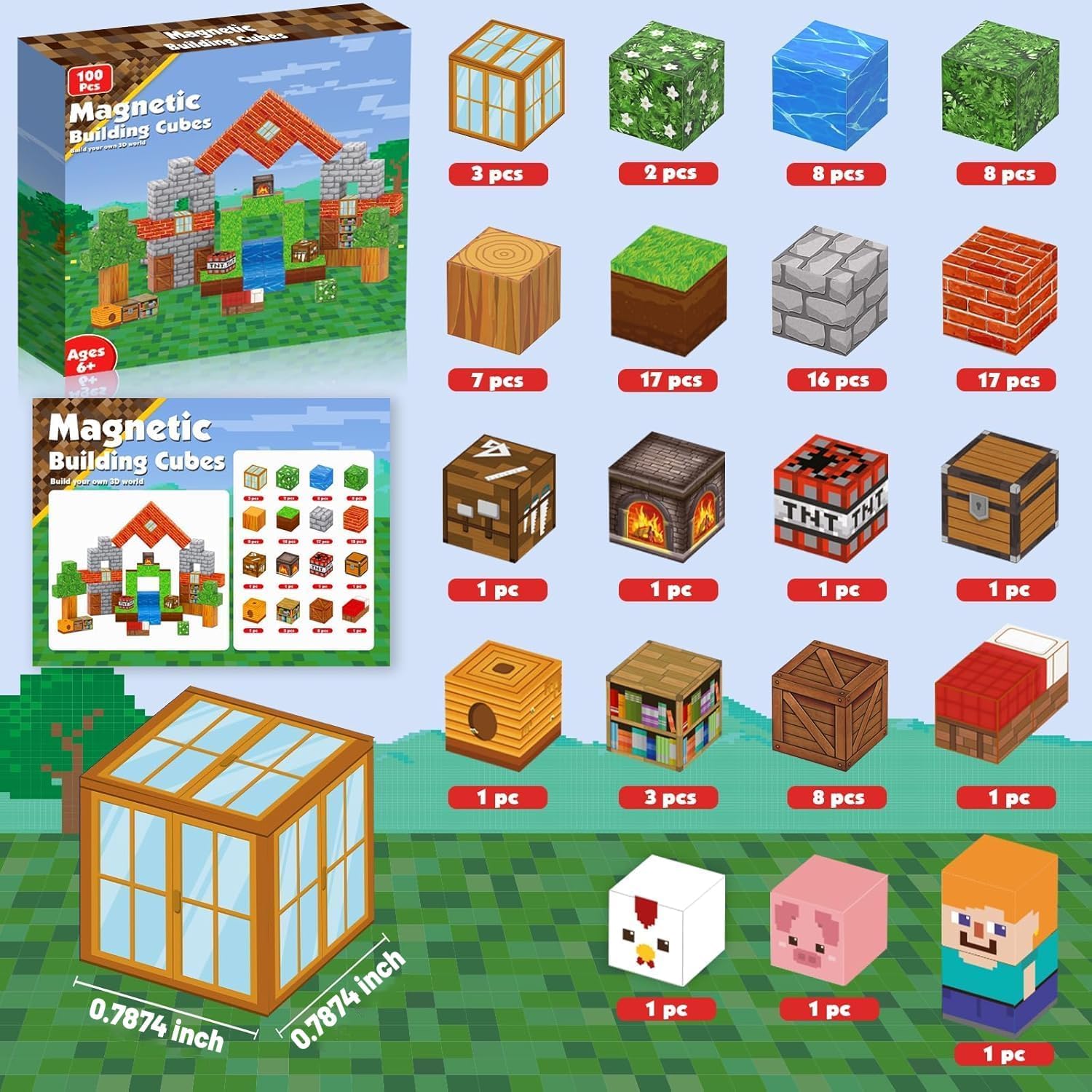 Goody King Magnetic Blocks |100PCS Magnetic Building Cube Game, Constructions Toys for Boys & Girls Age 3-4, 5 6 7 8 9 10, STEM Montessori Stacking