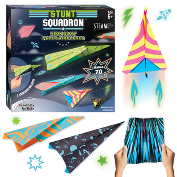 Creativity for Kids Paper Airplane Kit - Stunt Squadron Neon Glow, Makes 70 Paper Airplanes and 2 Plane Launchers, STEM Birthday or Summer Activities