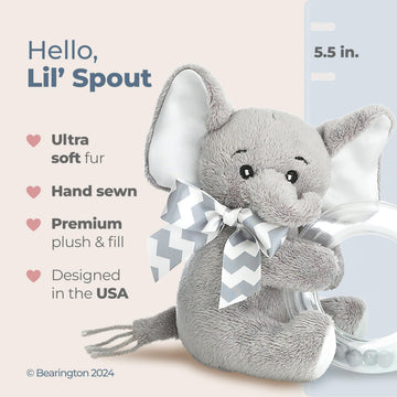 Bearington Lil' Spout Small Baby Elephant Stuffed Animal with Rattle - 5" Plush Toy, Gentle Sound Elephant Rattles for Babies - Adorable Baby Rattles