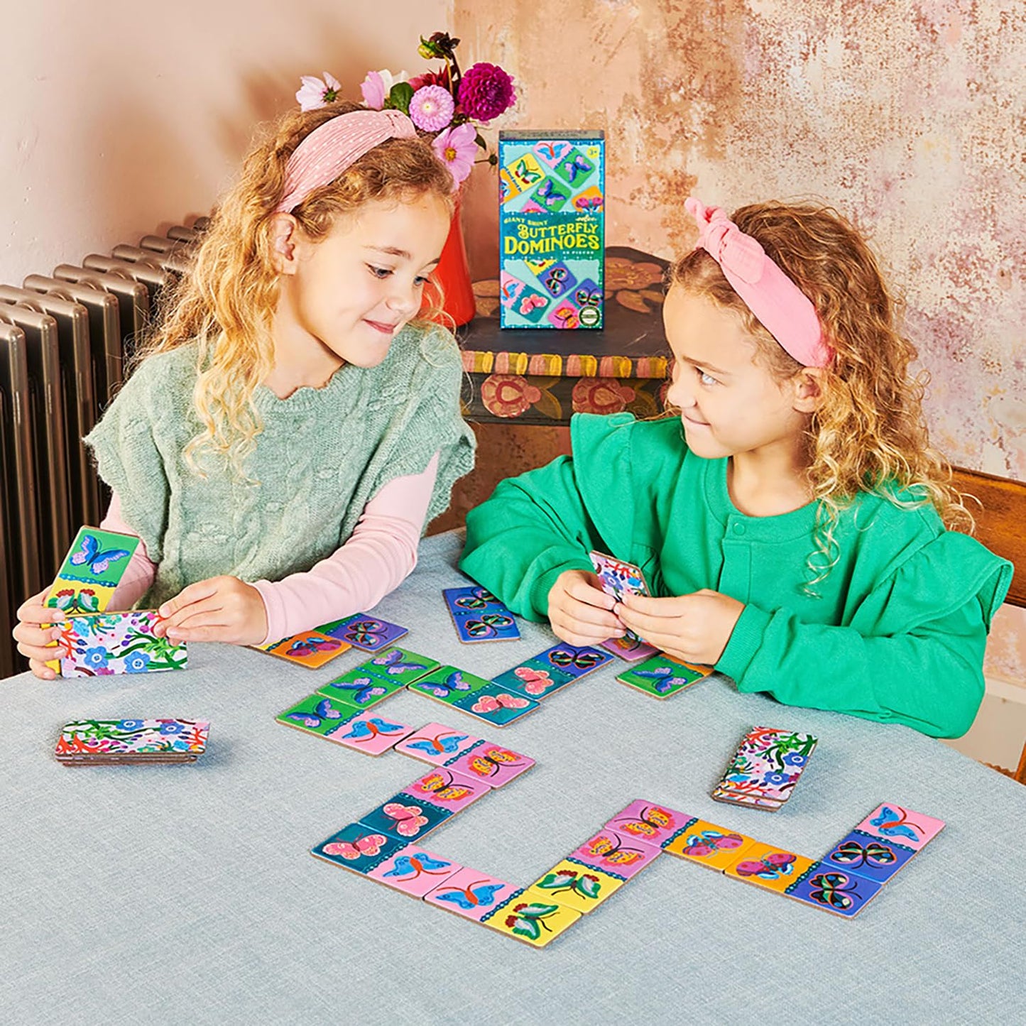 eeBoo Giant Shiny Butterfly Dominoes - 28 Oversized Tiles, Colorful Holographic Foil, Tile Laying Matching Game, Screen-Free Fun, Kids Ages 3 and up