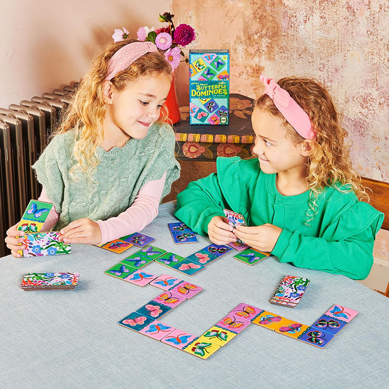 eeBoo Giant Shiny Butterfly Dominoes - 28 Oversized Tiles, Colorful Holographic Foil, Tile Laying Matching Game, Screen-Free Fun, Kids Ages 3 and up