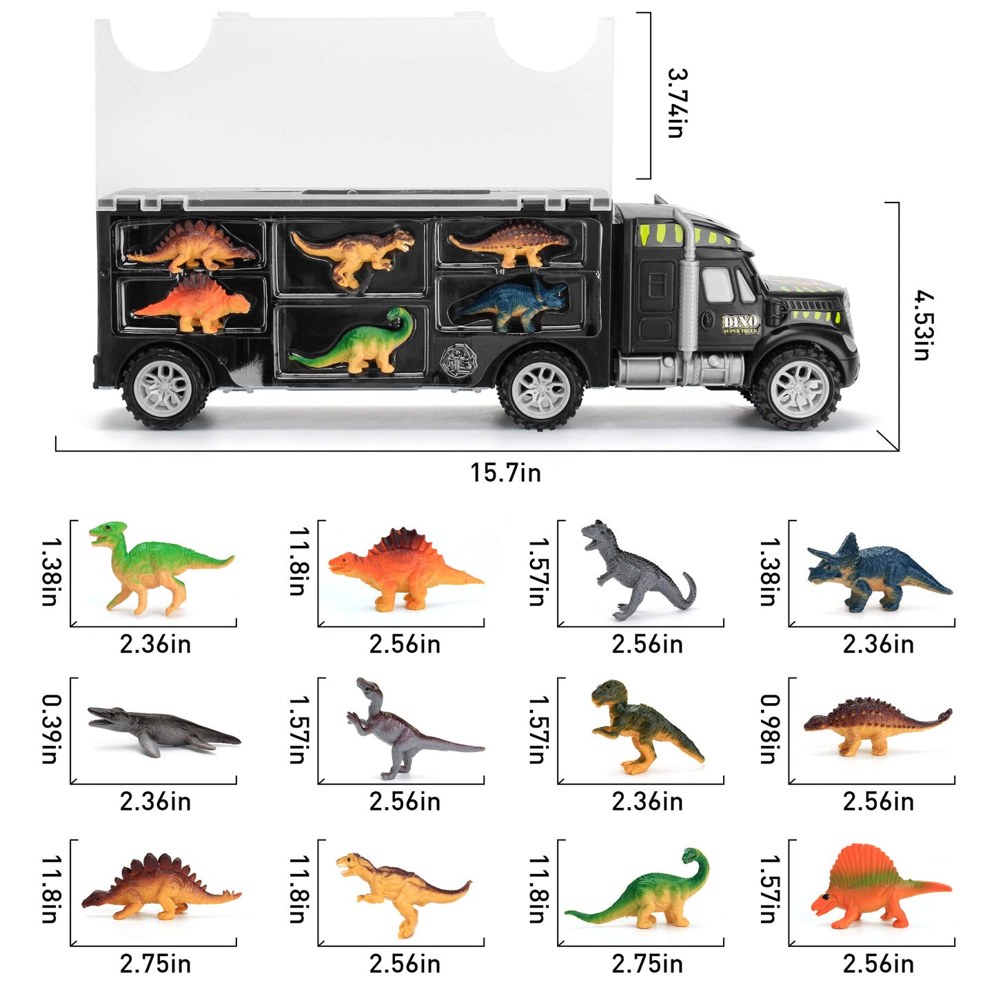 MOBIUS Toys Dinosaur Truck Carrier - Large Transport Truck with 12 Realistic Dino Figures for Kids Ages 3-7 - Durable BPA-Free Dinosaur Storage Toy