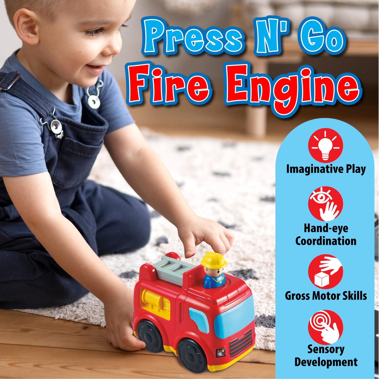 Small World Toys Fire Truck Toy: Interactive Press-to-Go Fire Trucks for Toddlers 1-3, Pretend Play Rescue Vehicle, Fire Engine Toy Gifts for Boy