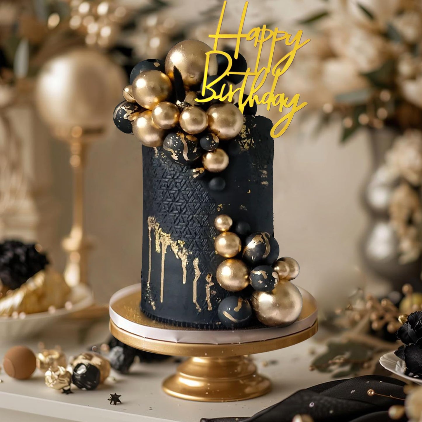 75 PCS Black and Gold Balls Cake Toppers Happy Birthday Insert Card
