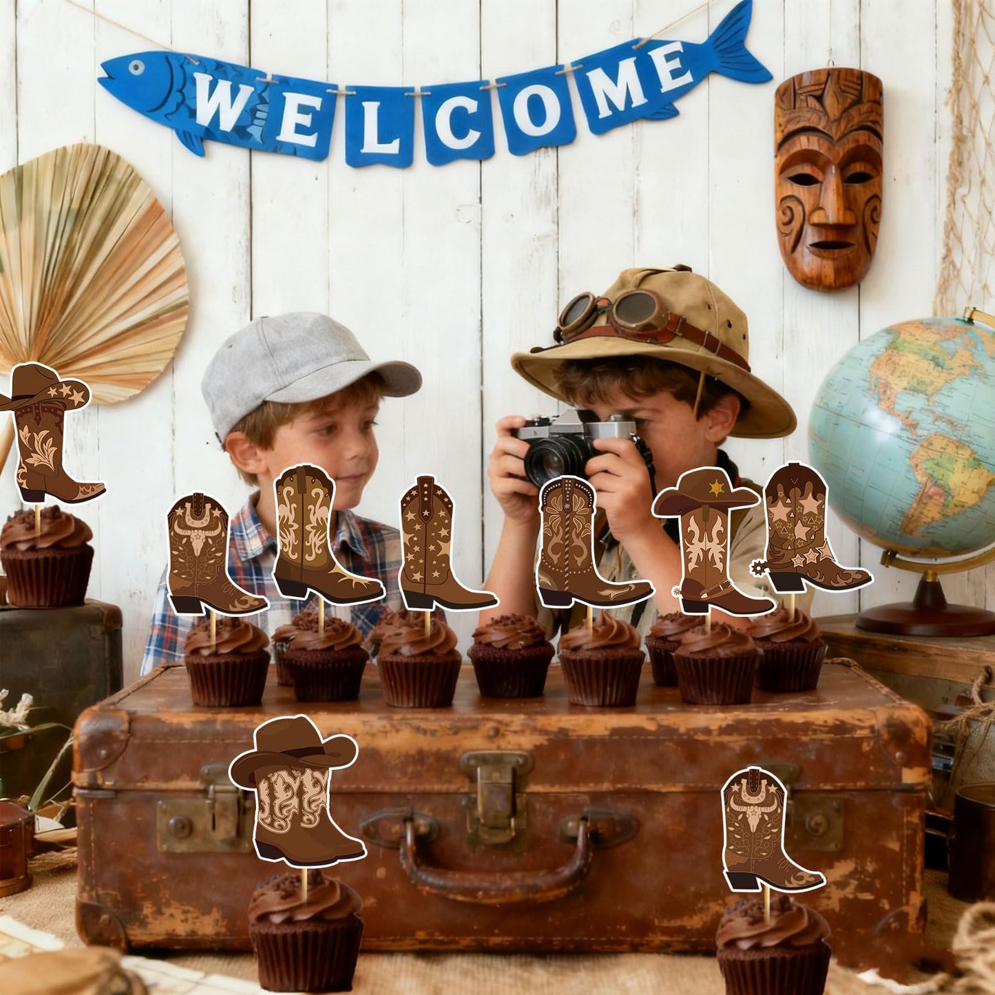 48pcs Cowboy Boots Cupcake Toppers Cowboy Cowgirl Western Rodeo Cupcake Toppers Western Cake Decorations for Rodeo Birthday Party Decorations Cowgirl