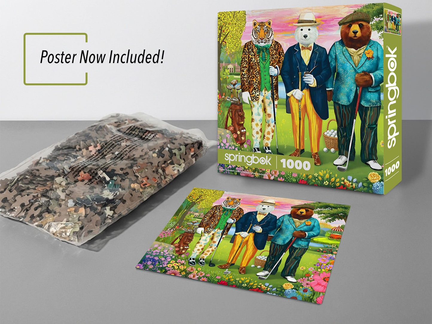 Springbok Tee Time Gentlemen 1000 Piece Jigsaw Puzzle for Adults - Whimsical Animal Golf Puzzle - Poster Now Included - Unique Cut Pieces - Made in