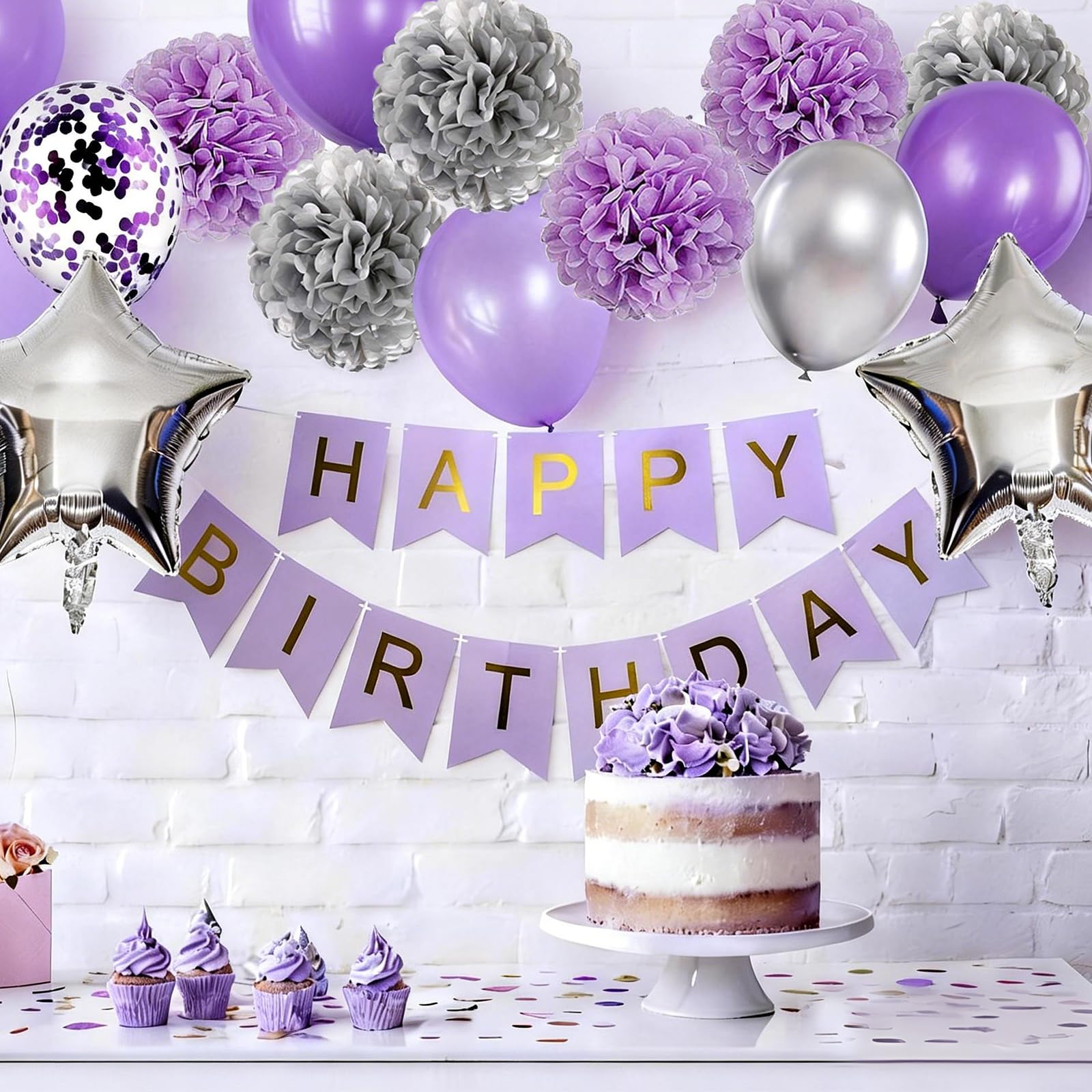 Purple and Silver Birthday Decorations for Women Lavender Party Decor Kit for Her Including Happy Birthday Banner Pompom Flower Foil Balloons Confetti