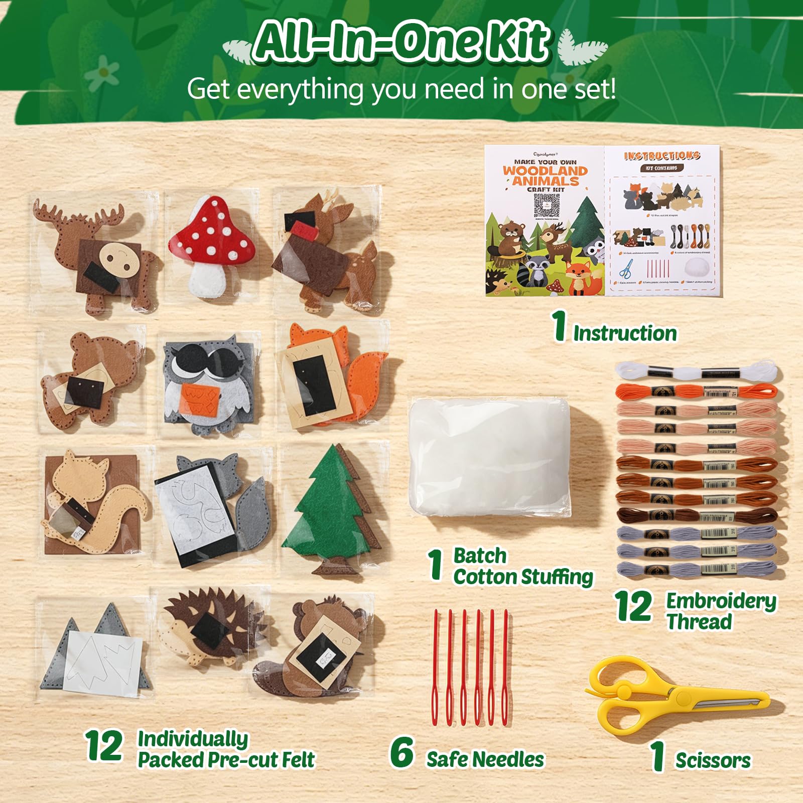 CiyvoLyeen Woodland Animals Craft Kit Kids DIY Crafting and Sewing Set Woodland Animals Felt Plushie for Girls and Boys Educational Beginners Sewing