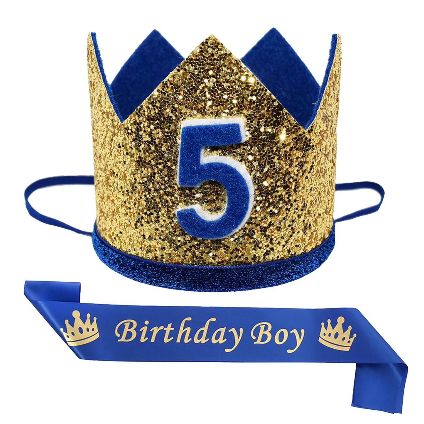 Maticr Shiny 5th Birthday Crown Baby Boy Prince Headband Party Supplies (Large Gold Royal 5)