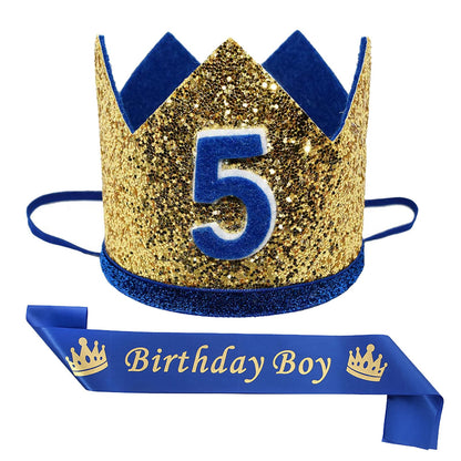 Maticr Shiny 5th Birthday Crown Baby Boy Prince Headband Party Supplies (Large Gold Royal 5)