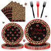 192 Pcs Cheetah Print Tableware Set (Serves 48 Guests), Plates, Napkins, Forks, Red Black Cheetah Cherry Theme for Girls Women Birthday Wedding