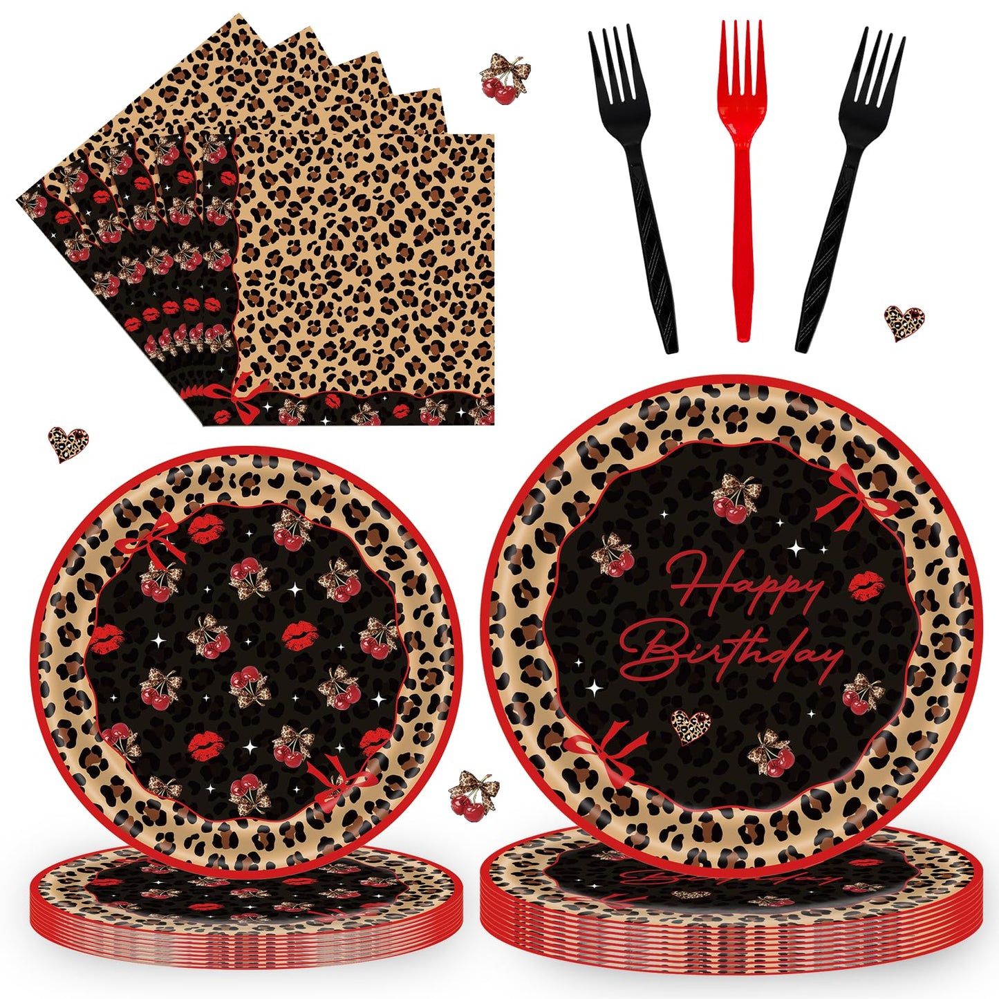 192 Pcs Cheetah Print Tableware Set (Serves 48 Guests), Plates, Napkins, Forks, Red Black Cheetah Cherry Theme for Girls Women Birthday Wedding