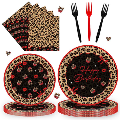 192 Pcs Cheetah Print Tableware Set (Serves 48 Guests), Plates, Napkins, Forks, Red Black Cheetah Cherry Theme for Girls Women Birthday Wedding