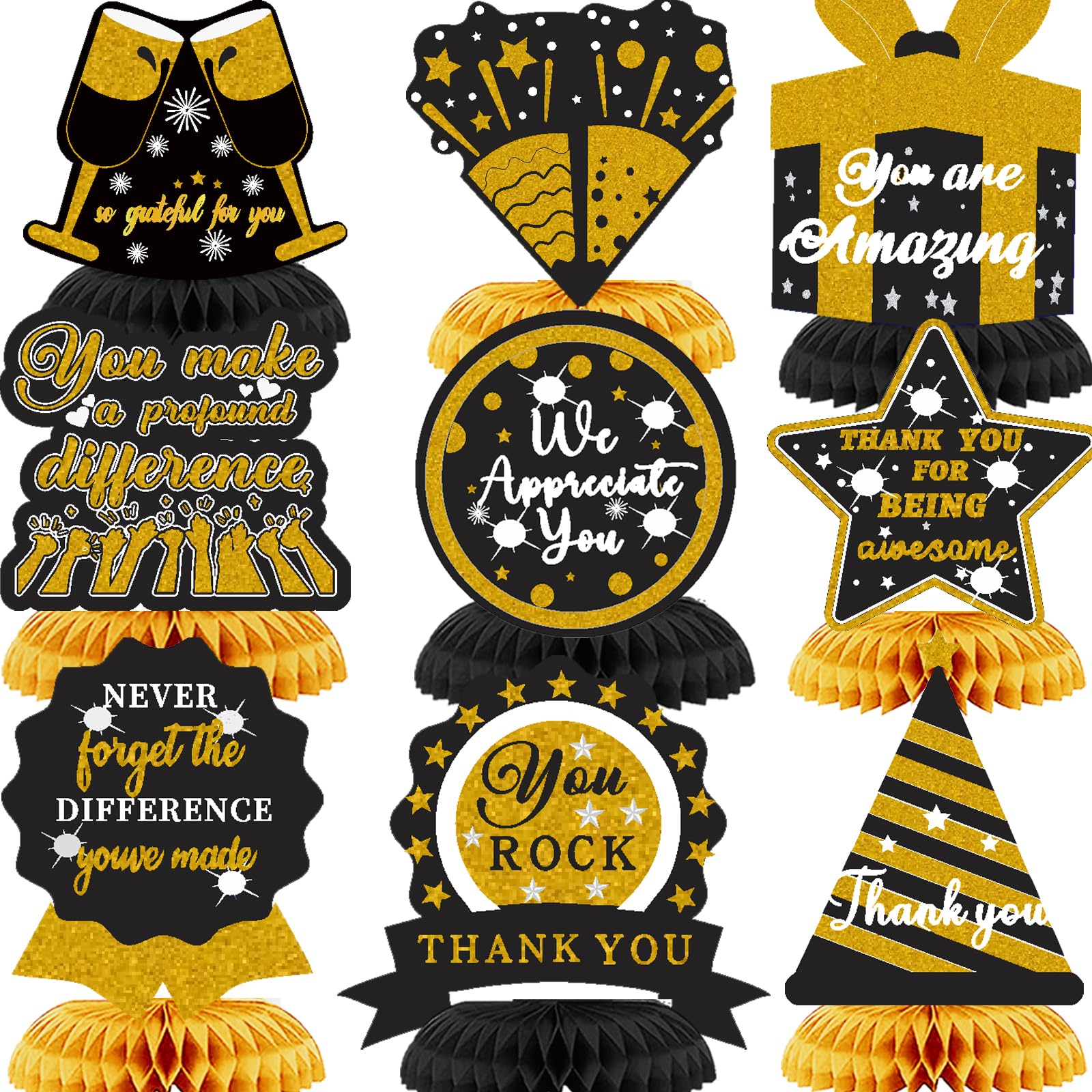 9PCS We Appreciate You Honeycomb Centerpieces Black Gold Glitter Thank You Table Topper Decor Teacher Doctor Nurse Employee Staff Graduation