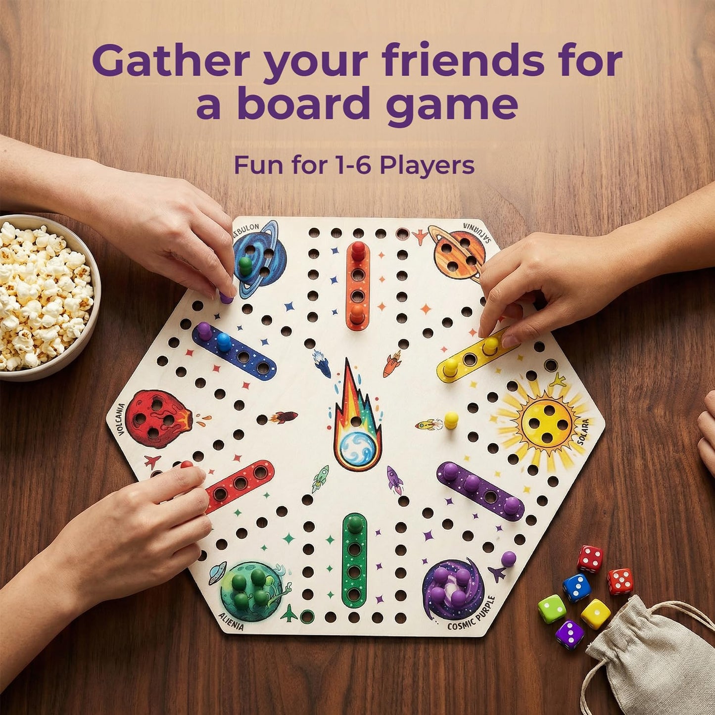 Kivan Base Wooden Board Game?Original Wooden Game 15 Inch Single-Sided Aggravation Game for 6 Players, 36 Colorful Pawns & 6 Dice, Fast Track Game