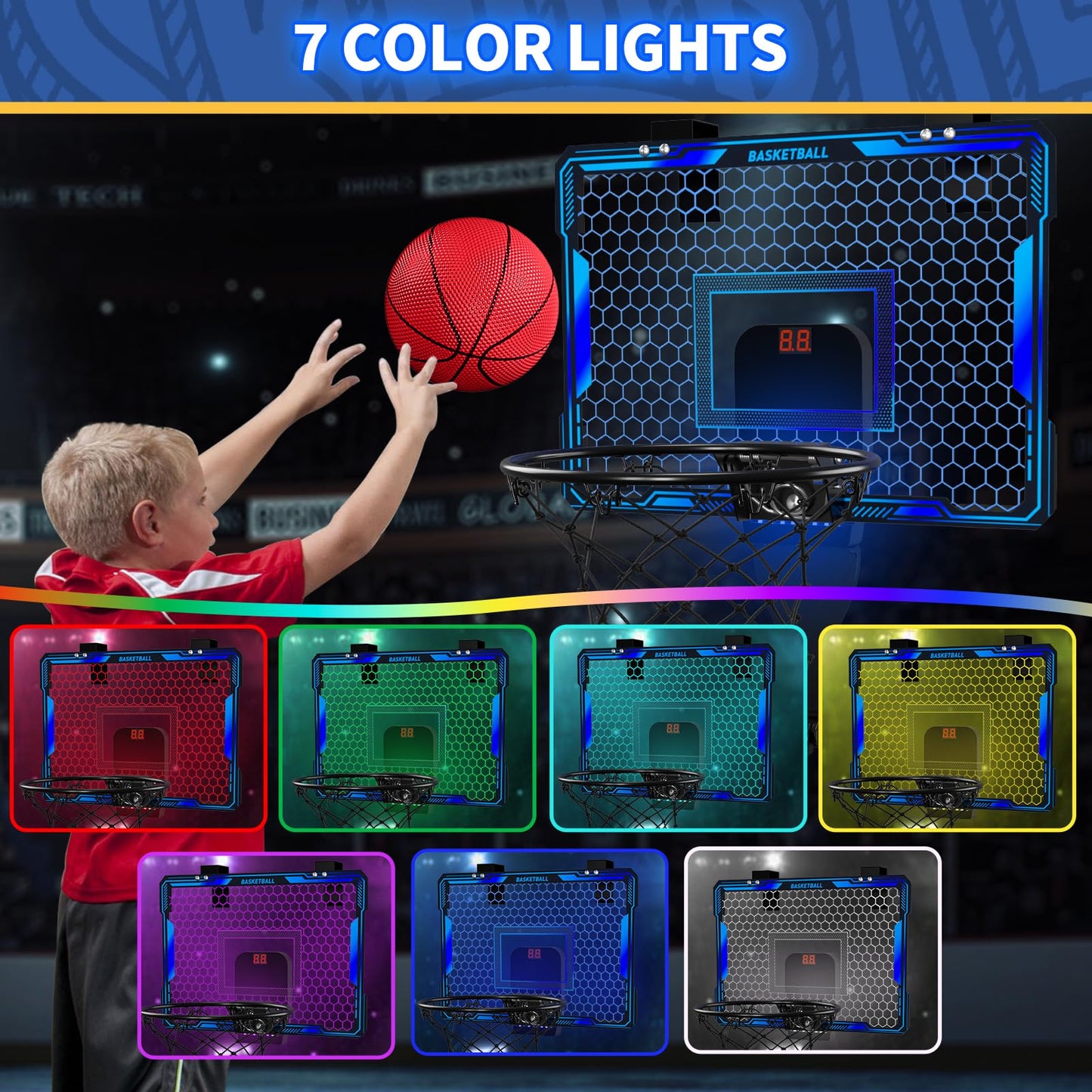 HYES Mini Basketball Hoop Indoor with 7 LED Lighting/Scoreboard, Blue