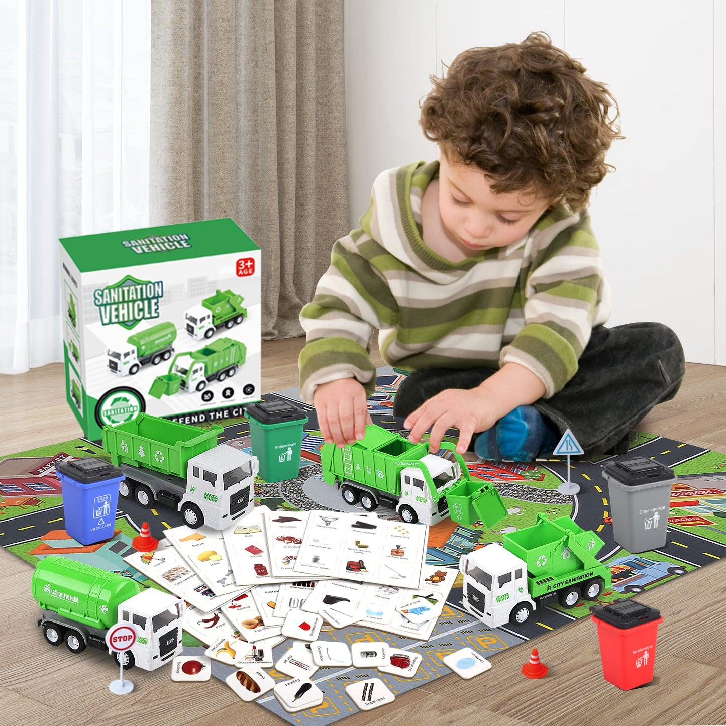 Garbage Truck Toy Vehicles Playset w/Play Mat,Friction Powered Sanitation Truck/Dump Truck/Tipper/Water Tanker,8 Pcs Signposts,6 Pcs Mini Engineer