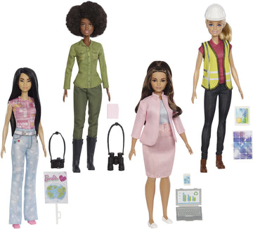 Barbie Eco-Leadership Team 4 Doll Set, Recycled Plastic (Except Head & Hair), Recycled Clothes Fabric, Accessories, for Ages 3 Years Old & Up