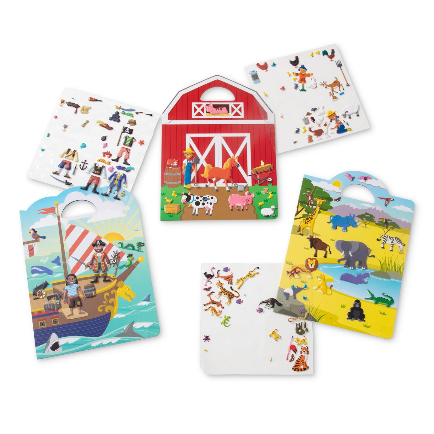 Melissa & Doug Puffy Sticker Activity Books Set of 3 - Safari, Pirate &On The Farm, with Reusable Stickers and Fold-Out Scenes, Mess Free Play Set &