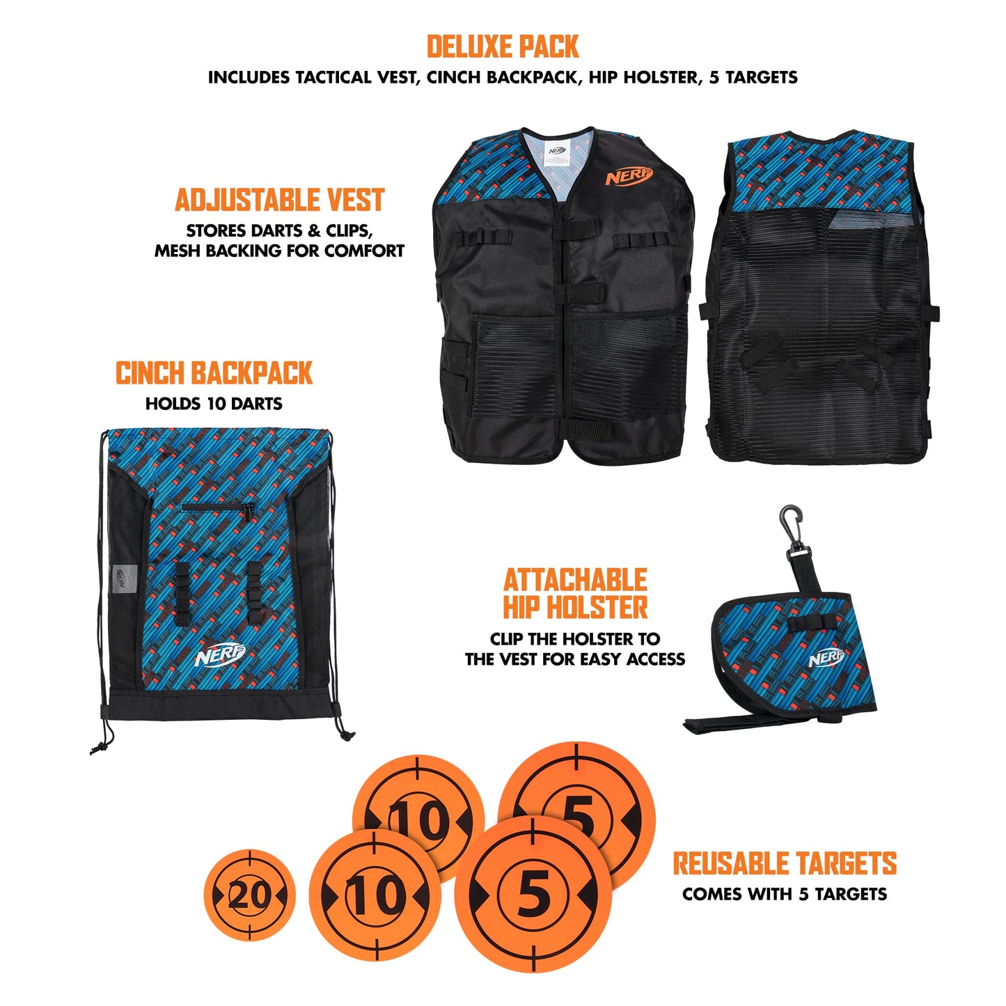 Nerf Elite Deluxe Tactical Gear Pack - Tactical Vest with Hip Holster, Cinch Backpack, and 5 Targets - Blast Into Battle
