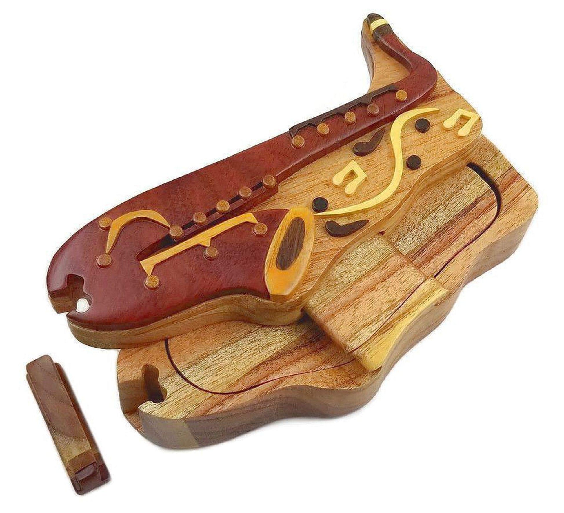 Saxophone with Musical Notes All Natural Exotic Woods Puzzle Box, 7 x 3.5 x 2 with Sliding Wooden Magnetic Key Lock, Sliding Cover and Inner Lid