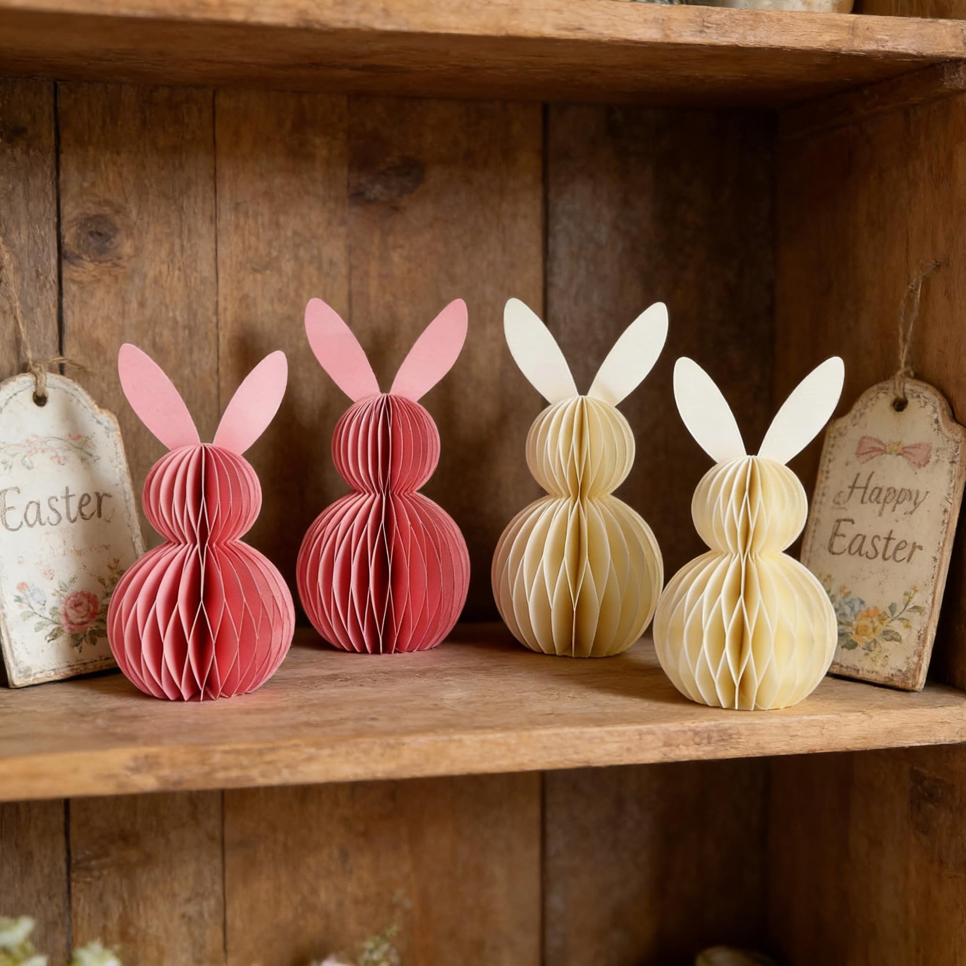 Easter Bunny Honeycomb Decorations, 3D Honeycomb Easter Decorations,Easter Table Decor,Pink and White, 4 Pack