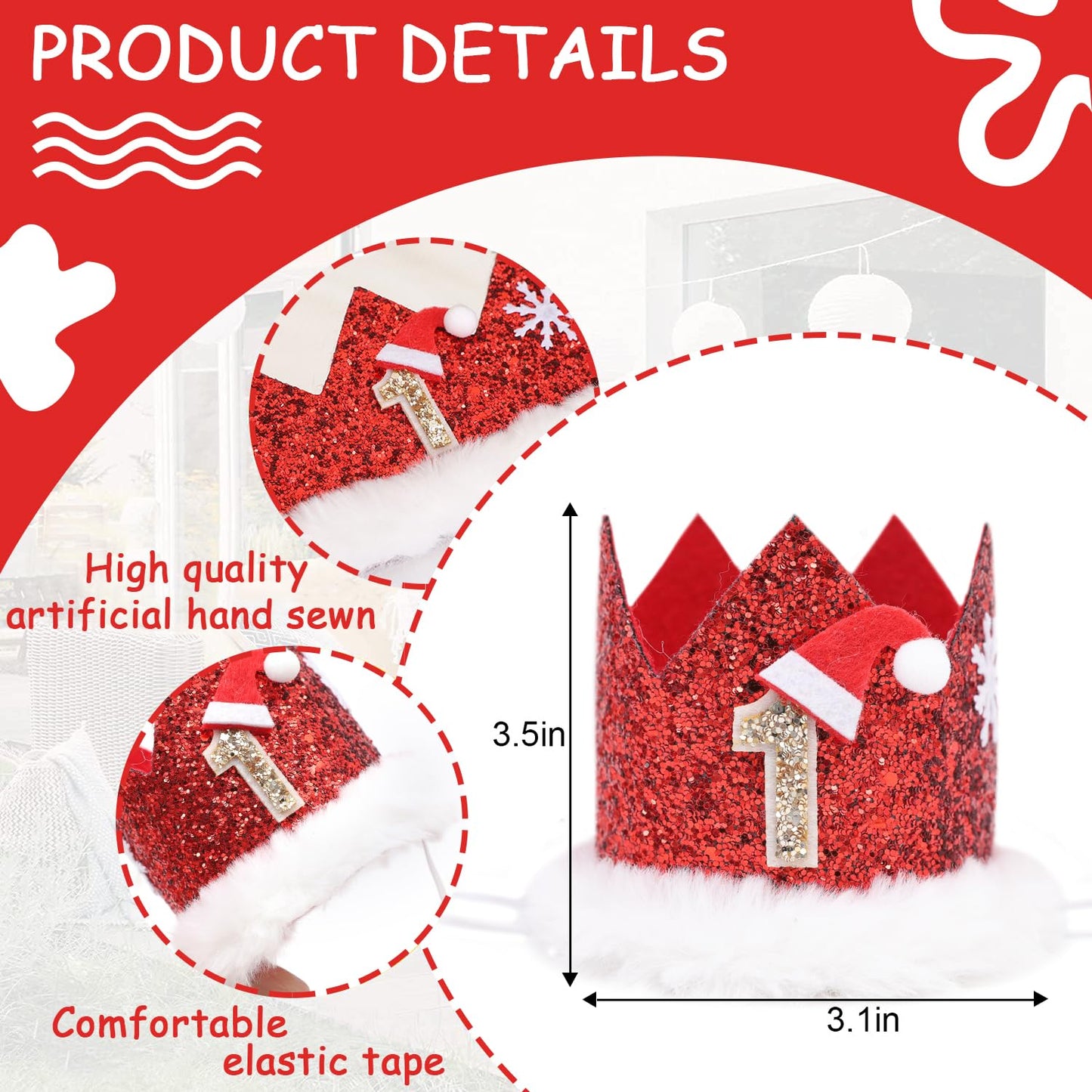 DSAANE Santa 1st Birthday Crown - Christmas Theme Party Decorations, Red Glitter Crown, Little Santa Smash Cake Hat