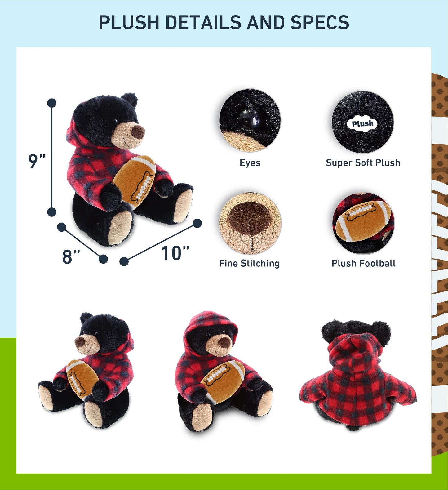 DolliBu Black Bear Stuffed Animal with Football Plush - Super Soft Huggable Bear with Red Plaid Hoodie, Plush Toy Wildlife Gift for Kids and Adults
