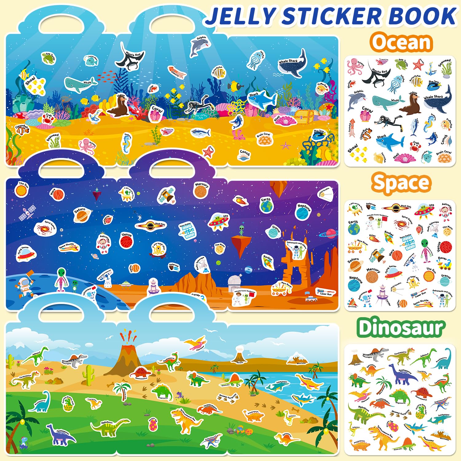 CREATIVETREES 6 Sets Reusable Sticker Book for Toddlers 3-6, Jelly Stickers Book for Kids, Travel Sticker Activity Toys for Childs 3 4 5 6 Years Girls