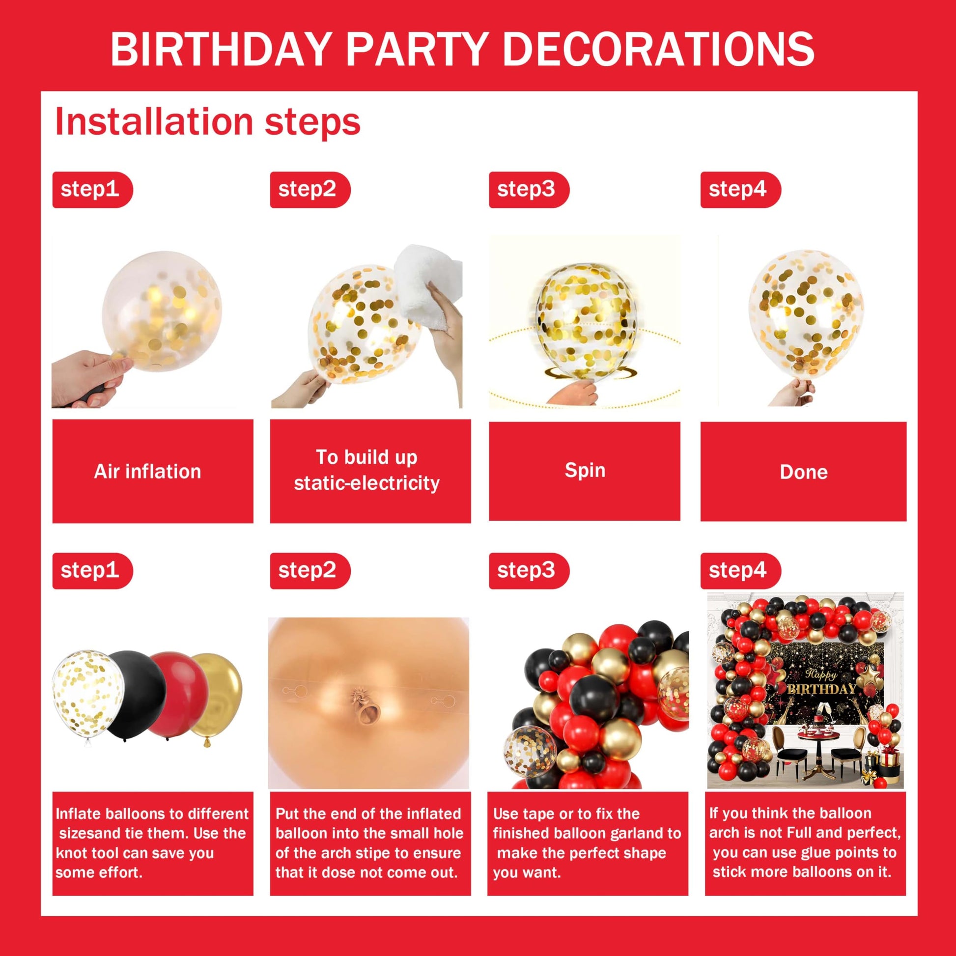 Red Birthday Party Decorations for Women,Balloon Aich kit,Black Gold Confetti Balloons,Happy Birthday Backdrop
