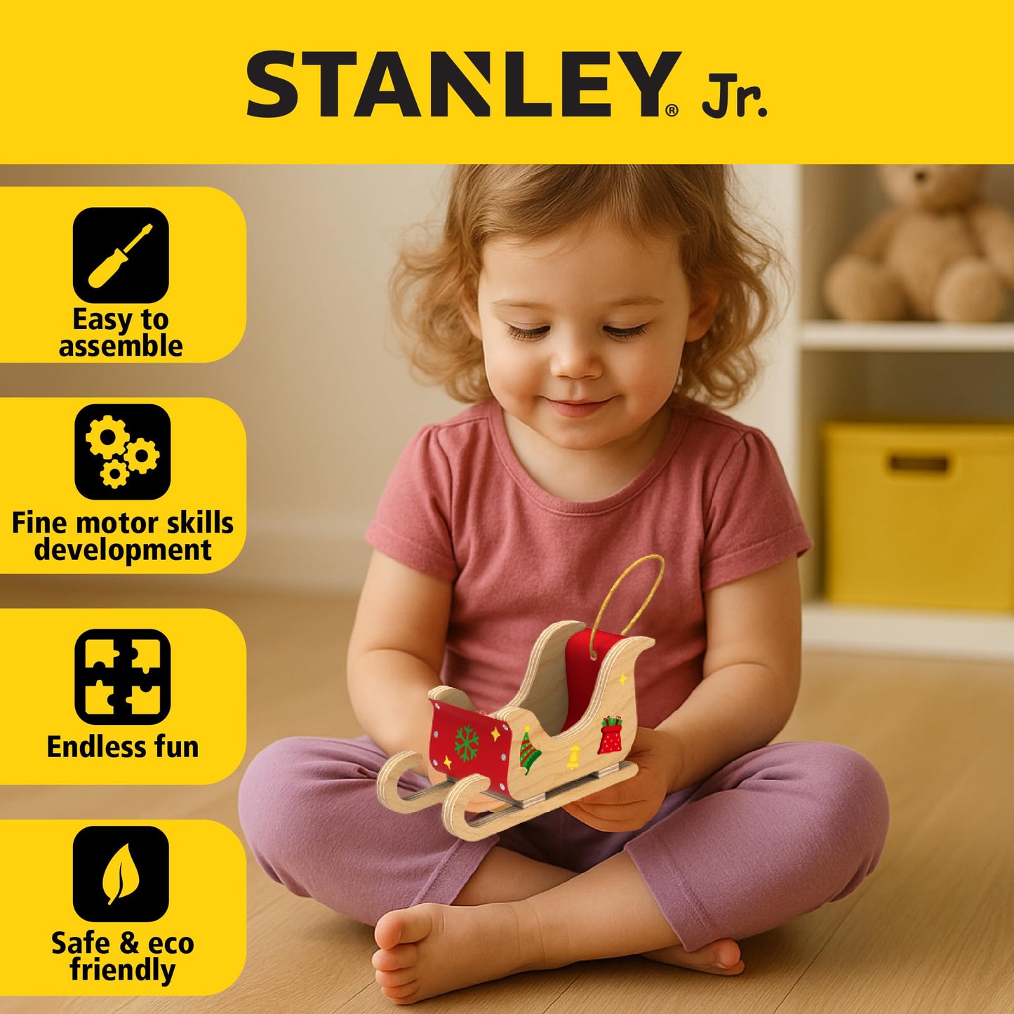 Red Toolbox Stanley Jr. DIY Wood Mini Santa Sleigh and Reindeer Set - Craft Kit for Kids - Create Your Own Mini Santa Sleigh - Perfect Holiday