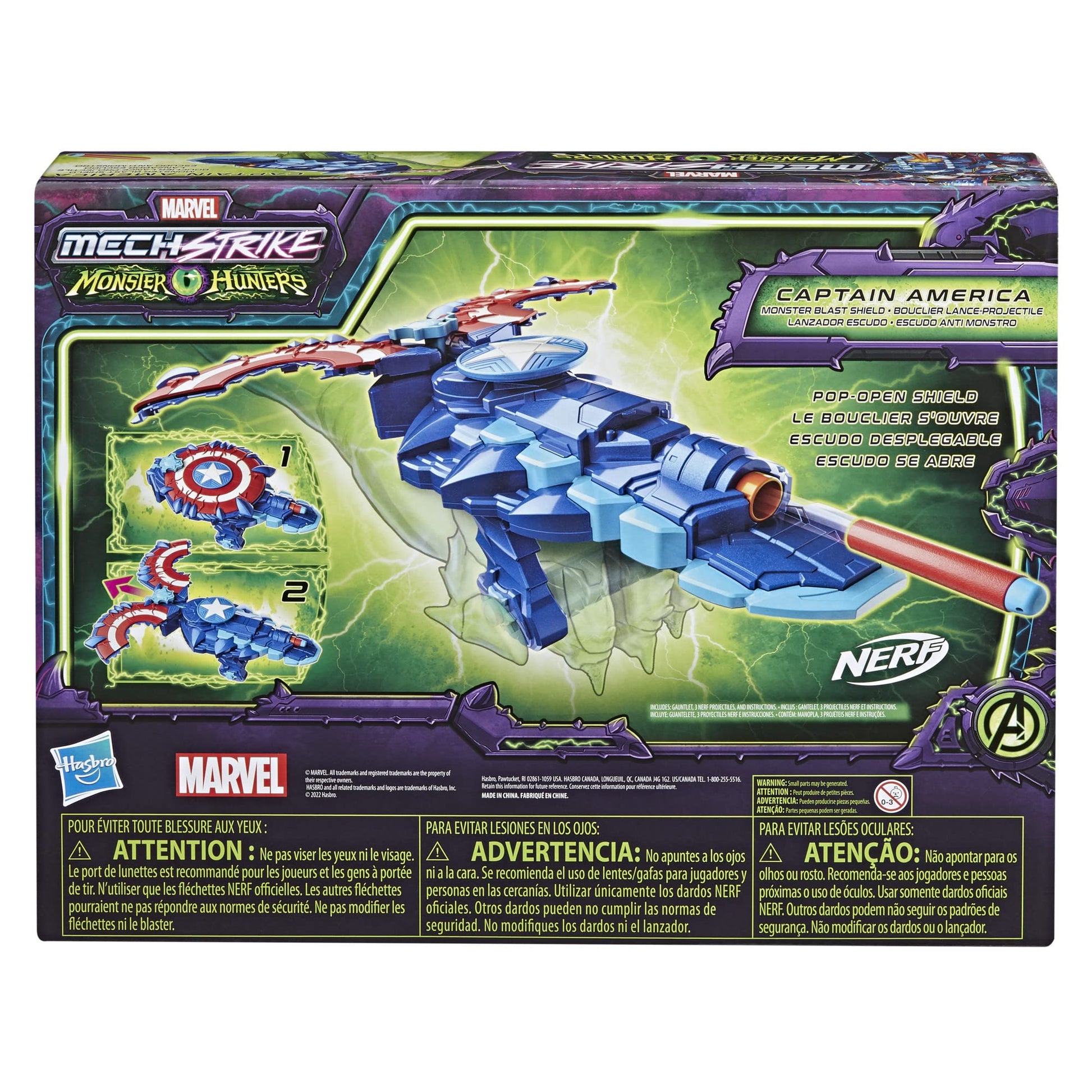 Marvel Avengers Mech Strike Monster NERF Captain America Monster Blast Shield Roleplay Toy with 3 NERF Darts, Toys for Kids Ages 5 and Up