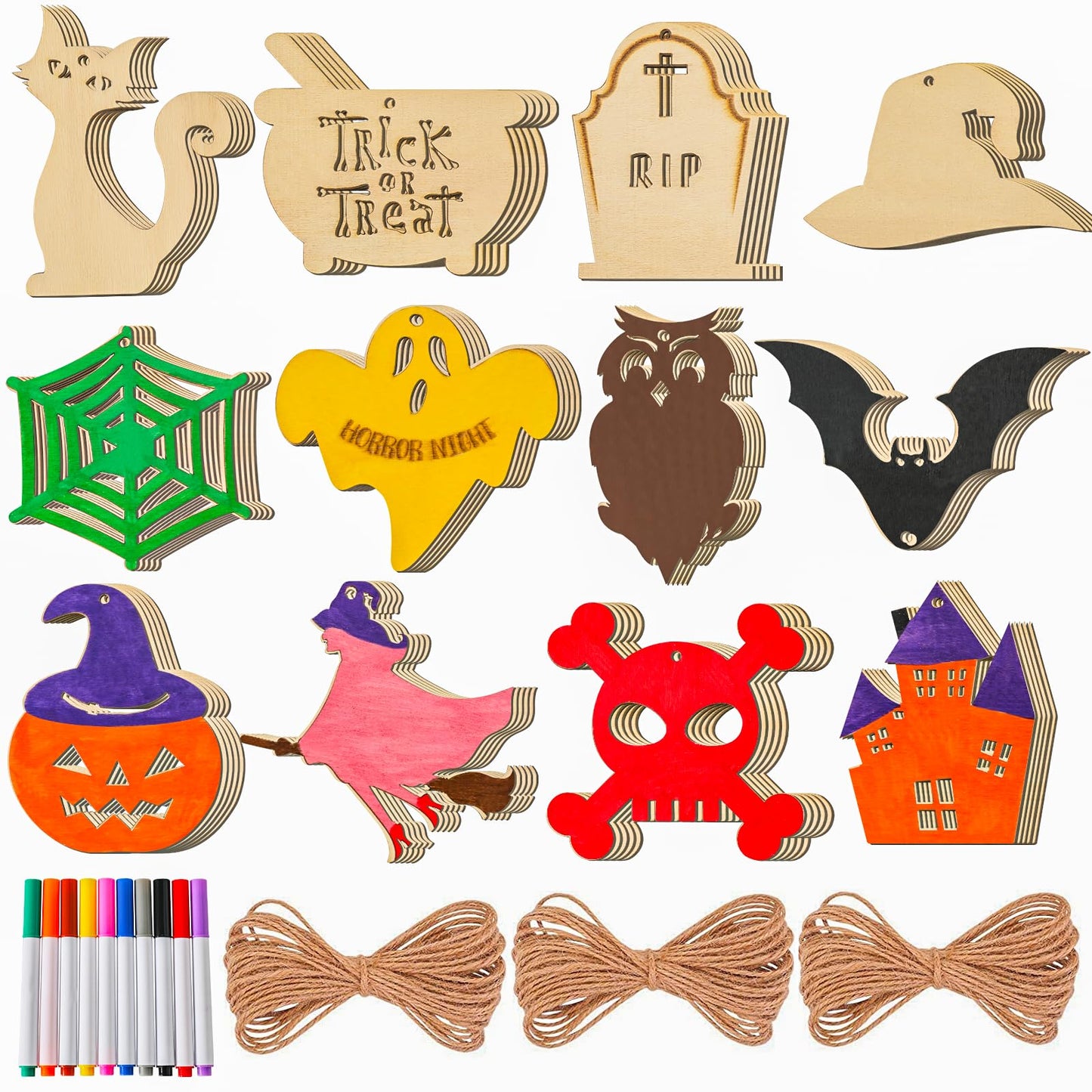 60PCS Halloween Crafts for Kids, DIY Painting Wooden Ornaments Kit, 12 Pre-Drilled Shapes Natural Wood, Halloween Party Decorations, Classroom