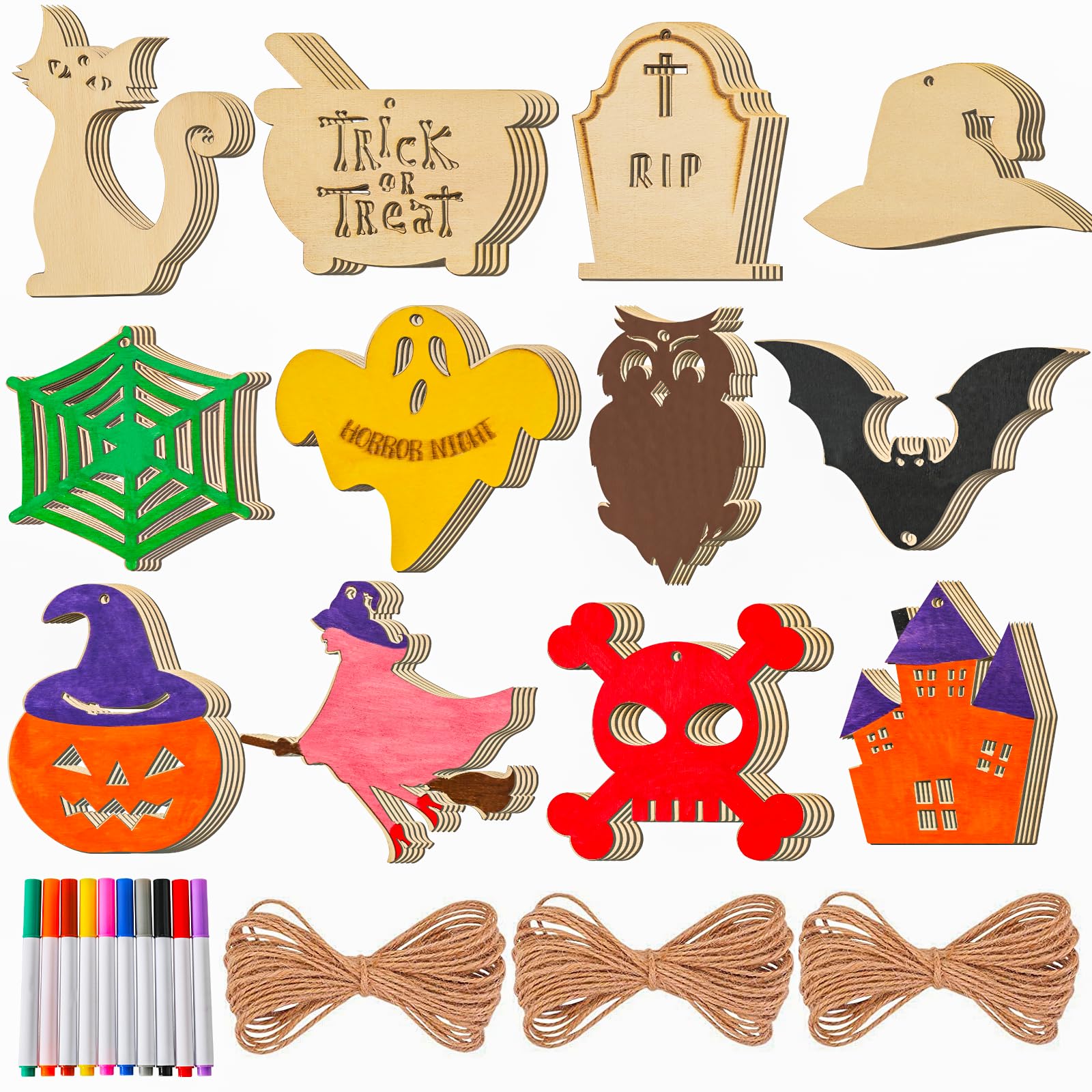 60PCS Halloween Crafts for Kids, DIY Painting Wooden Ornaments Kit, 12 Pre-Drilled Shapes Natural Wood, Halloween Party Decorations, Classroom
