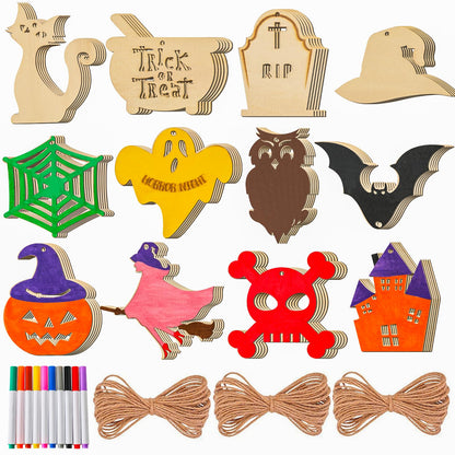60PCS Halloween Crafts for Kids, DIY Painting Wooden Ornaments Kit, 12 Pre-Drilled Shapes Natural Wood, Halloween Party Decorations, Classroom