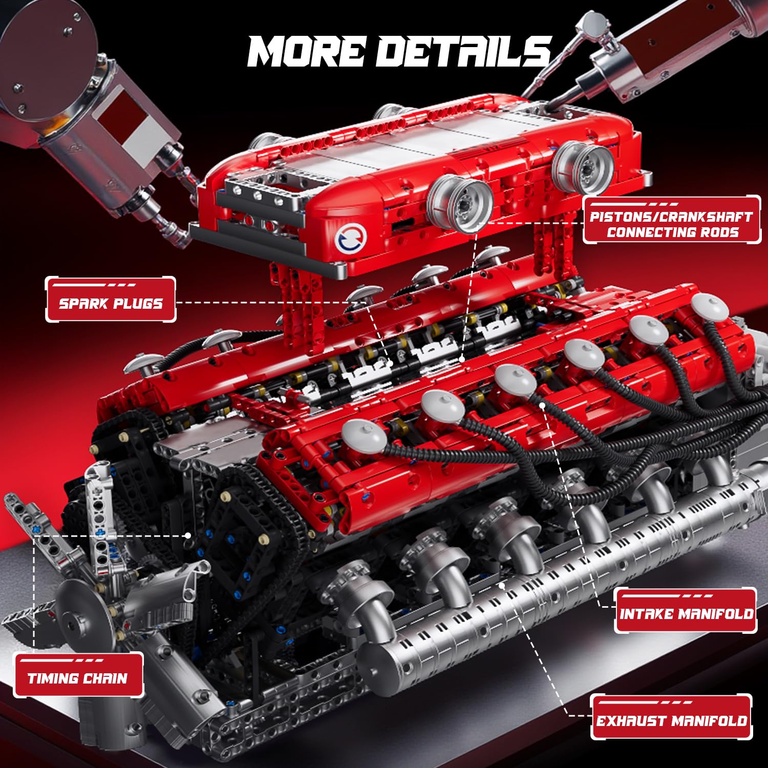 Mould King V12 Engine Model Kit that Runs - Motorized Mini Engines Building Blocks Set with Battery & Gearshift, Car Construction STEM Toy for Adults